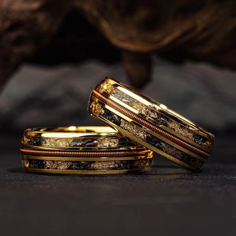 Aero Man Wood Grain & Amber Inlay Ring | Three-Groove Stainless Steel Band