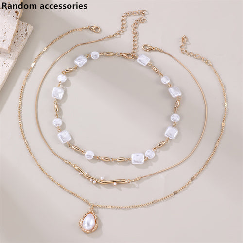 "Modern Asymmetrical Geometric Pearl Layered Necklace"