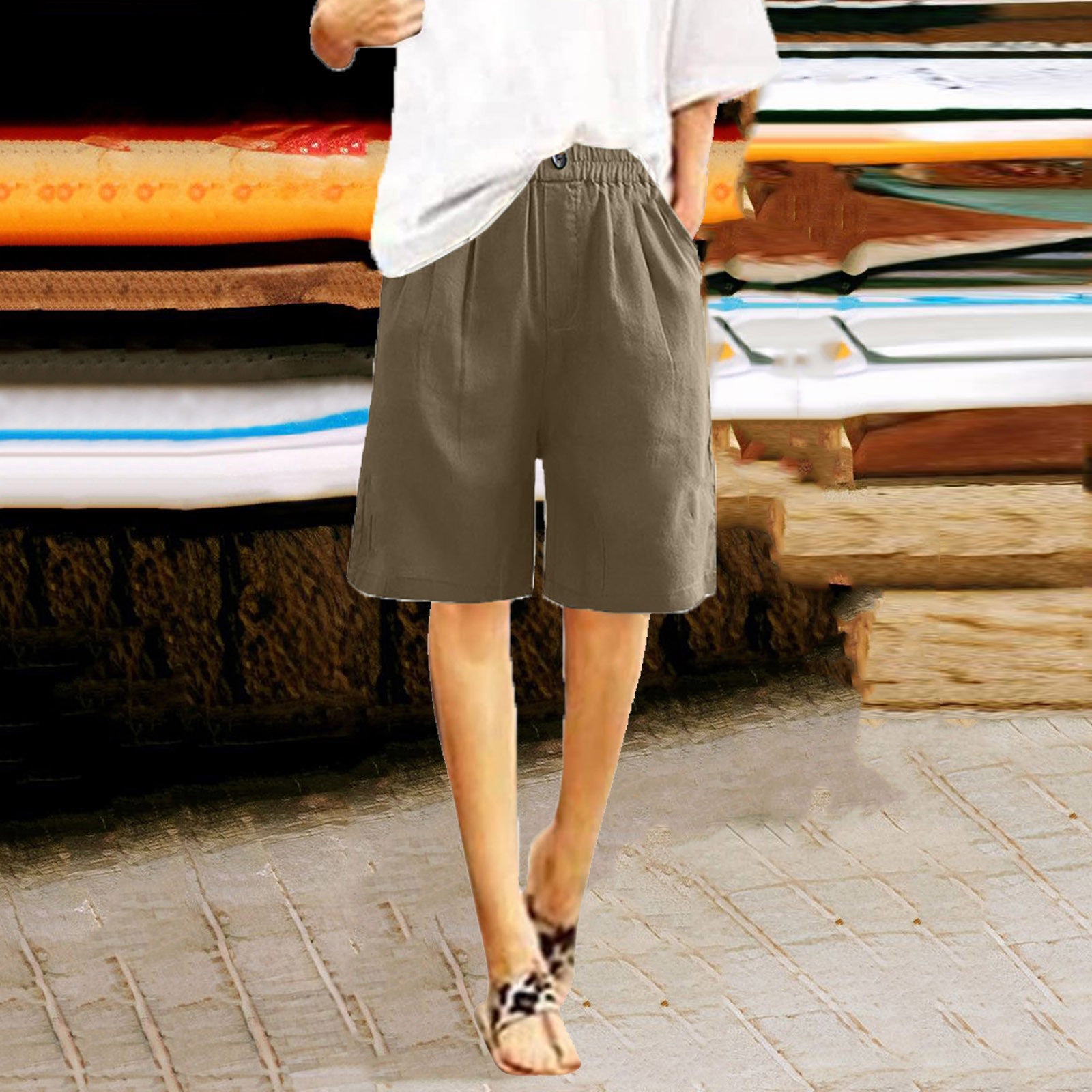 Womens Cotton Linen High Waist Shorts