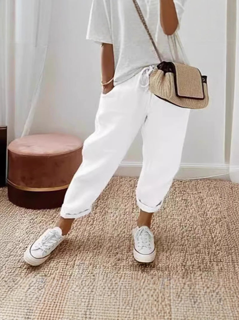 Womens Linen Blend Elastic Waist Casual Pants