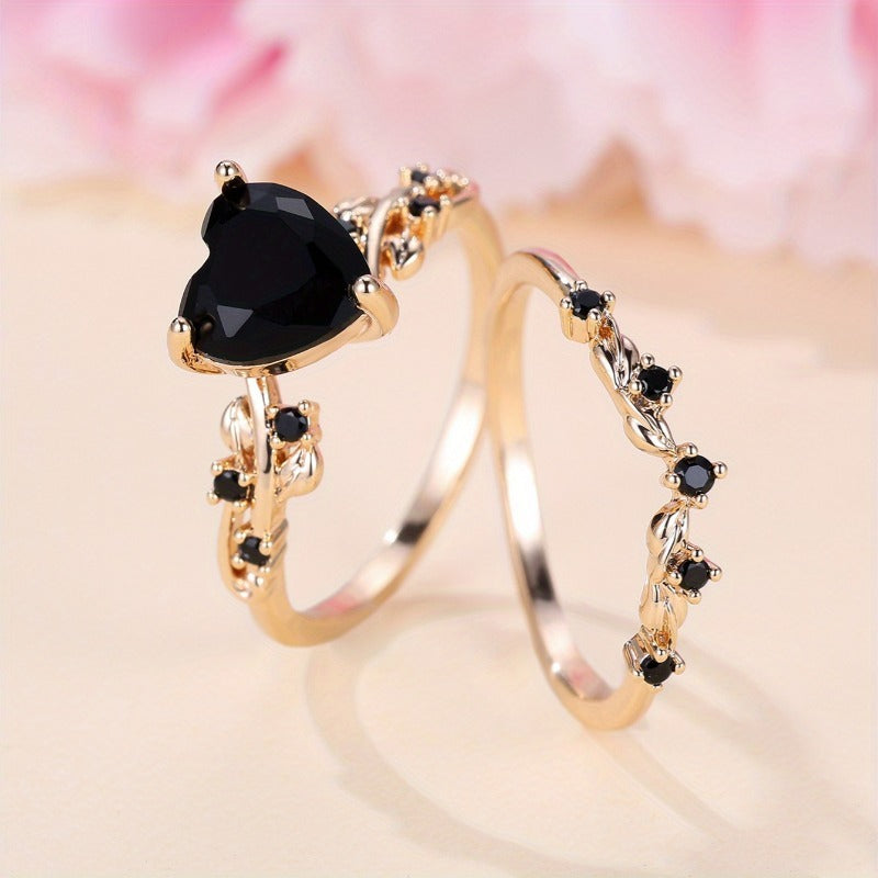 Zircon Inlaid Heart-Shaped Ring Set