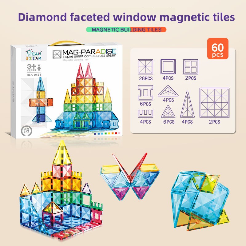 Diamond Surface Magnetic Tiles Stem  Building Block set Translucent Geometric 3D kits