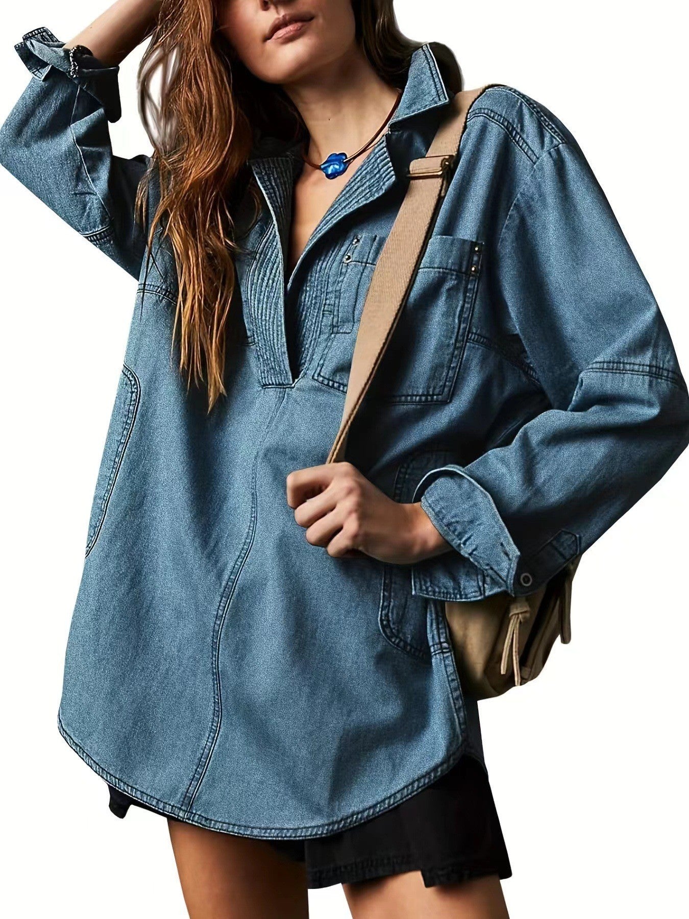 Sutton Oversized Denim Pullover Shacket- Loose Fit V-Neck Jean Shirt