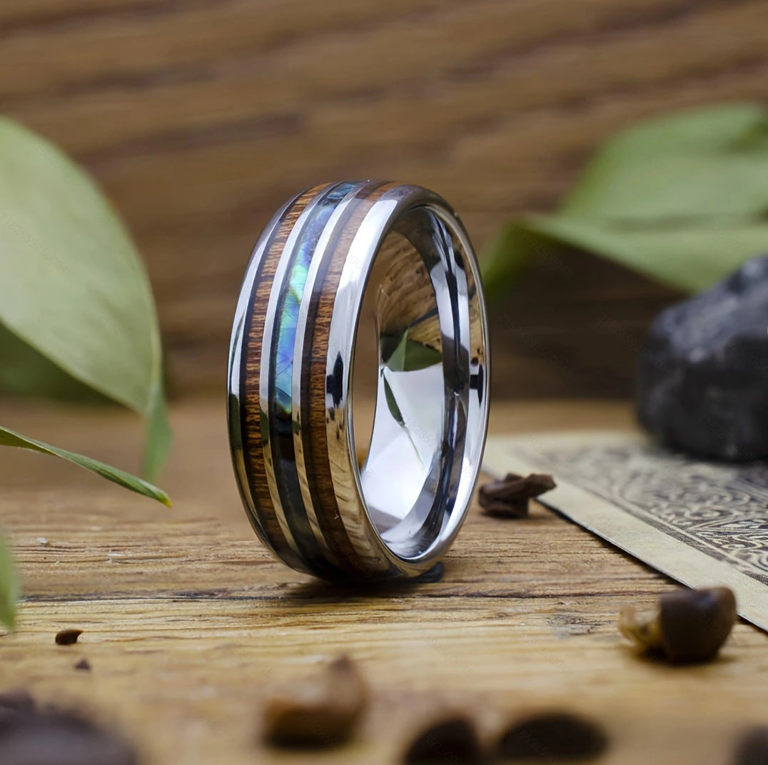 Aero Man Wood Grain & Amber Inlay Ring | Three-Groove Stainless Steel Band