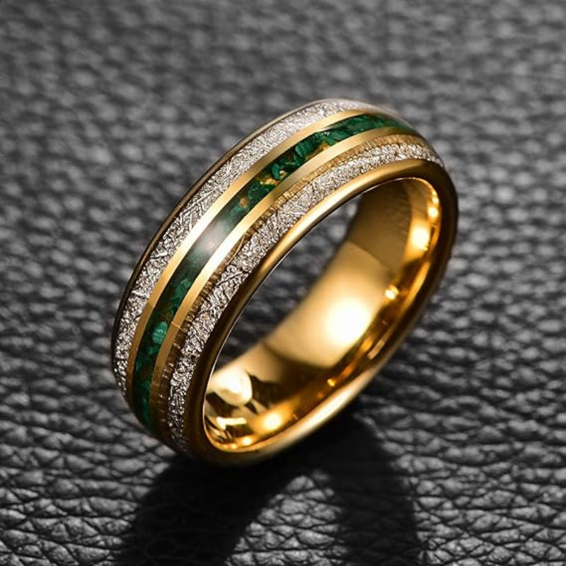 Aero Man Wood Grain & Amber Inlay Ring | Three-Groove Stainless Steel Band