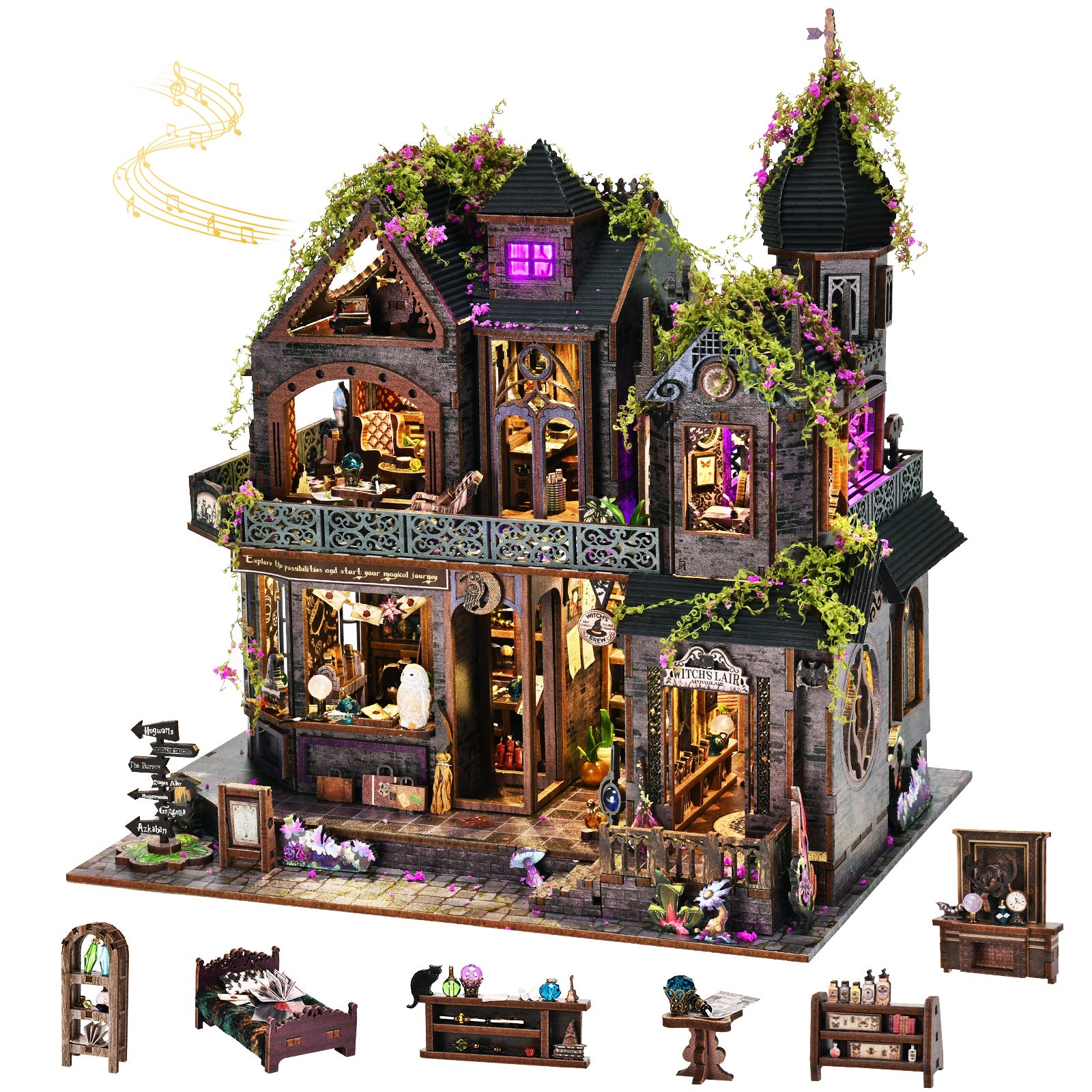 Magic Castle Wooden Miniature Dollhouse Kit 3D Diy Diorama Craft Model with Lights