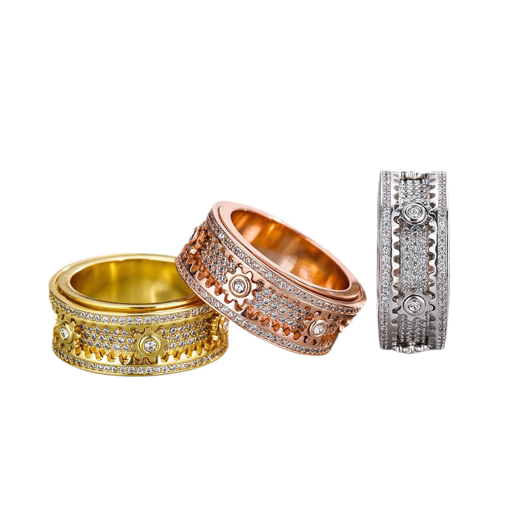 Aero Mod Kinetic Rotating Gear Ring | Celestial Micro-Inlaid Spinner Band