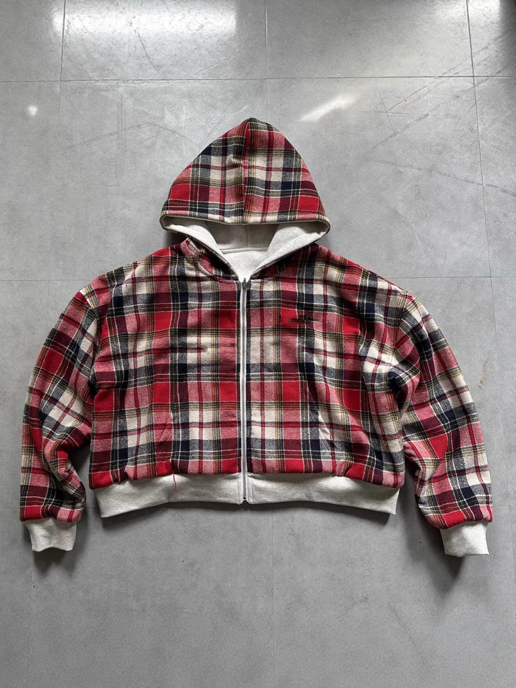 Hooded zip-up plaid patchwork reversible sweatshirt