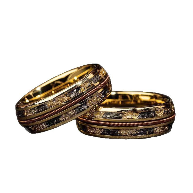 Aero Man Wood Grain & Amber Inlay Ring | Three-Groove Stainless Steel Band