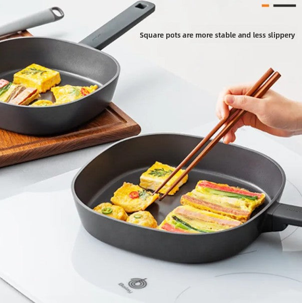 26cm Deep Square Cast Iron Skillet | 7cm Deep Uncoated Dual-Purpose Cooking Pot | Heavy-Duty Non-Stick Induction Frying Pan