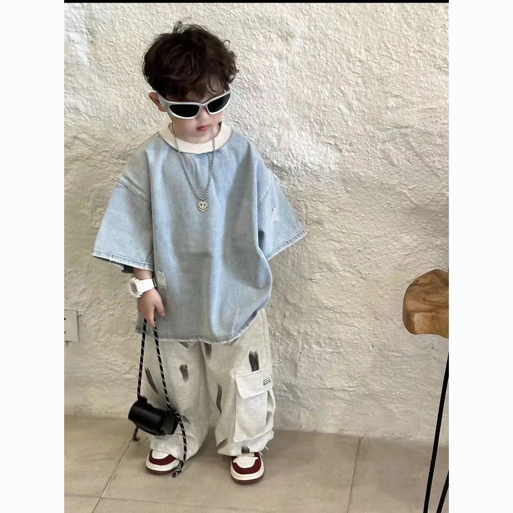 Children's denim short-sleeve top with distinctive ripped design