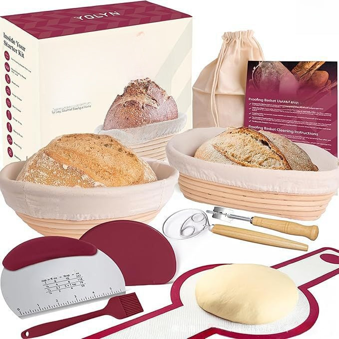 Artisan Sourdough Bread Proofing Basket Set - Natural Rattan Banneton Basket Kit with Dough Whisk, Scoring Lame, Bench Scraper & Liners (Round/Oval)