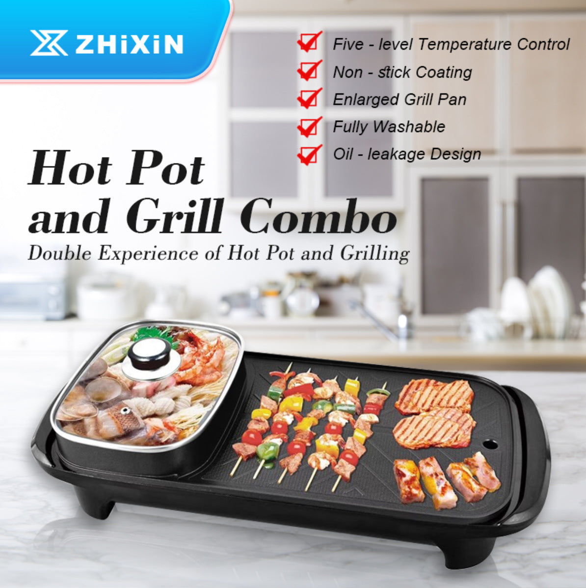 2-in-1 Electric Hot Pot And Grill Combo | 1350W Smokeless Indoor BBQ Shabu Shabu Pot | Dual Control Multi-Functional Cooker For 5-6 People