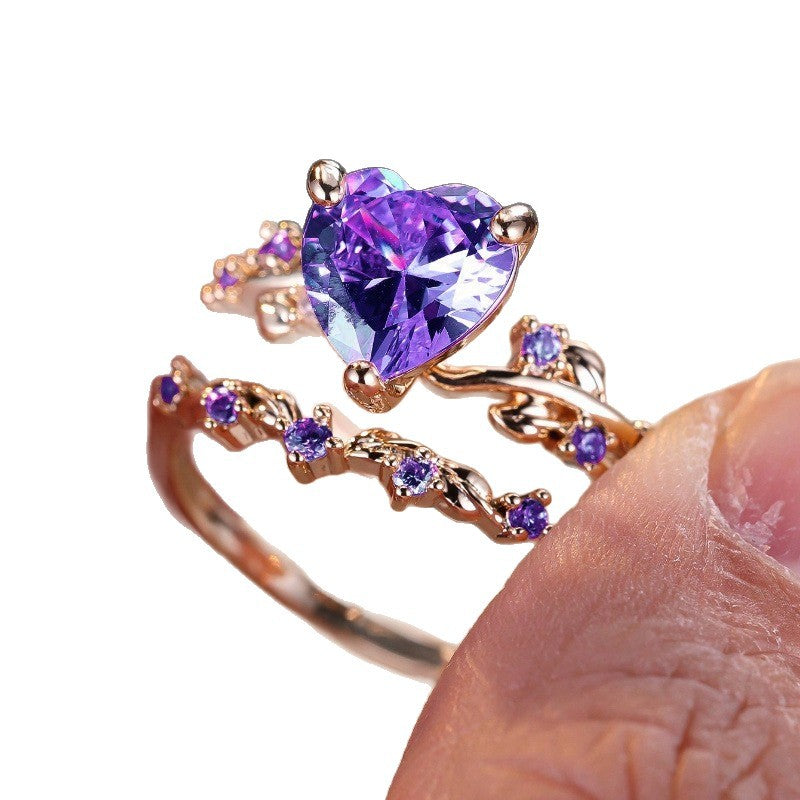 Zircon Inlaid Heart-Shaped Ring Set