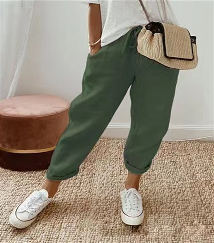Womens Linen Blend Elastic Waist Casual Pants