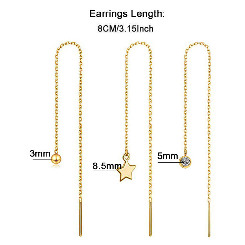 Stainless Steel Long Threader Earrings - Minimalist Star & Crystal Tassel Drop Jewelry