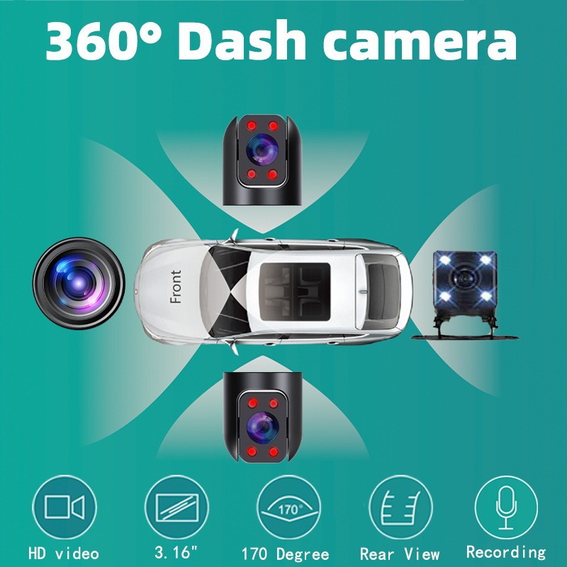 360 Four-Lens Vehicle Dash Cam | 1080P Front, Rear & Side Car Recorder
