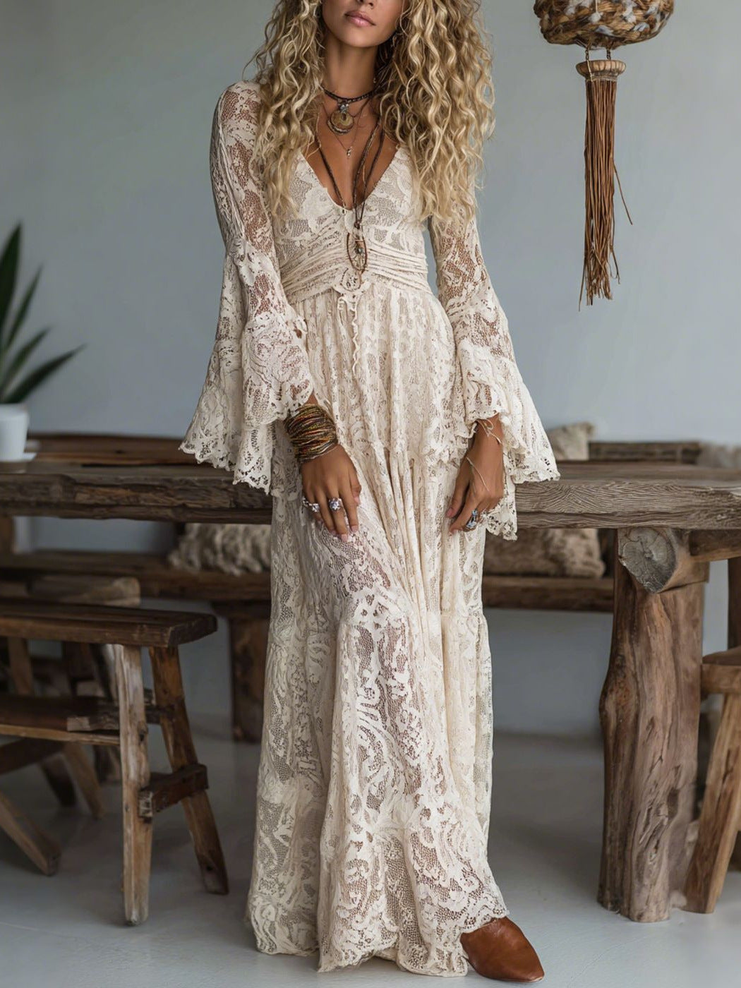 Womens Lace Splicing V-Neck Dress