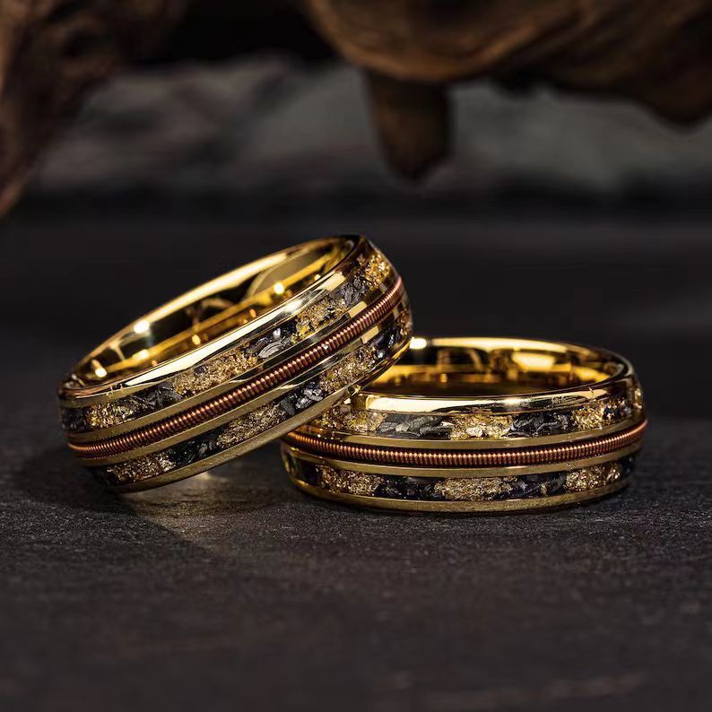 Aero Man Wood Grain & Amber Inlay Ring | Three-Groove Stainless Steel Band