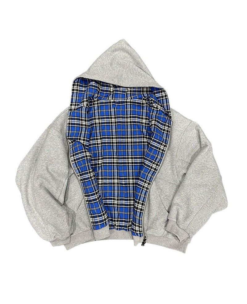 Hooded zip-up plaid patchwork reversible sweatshirt