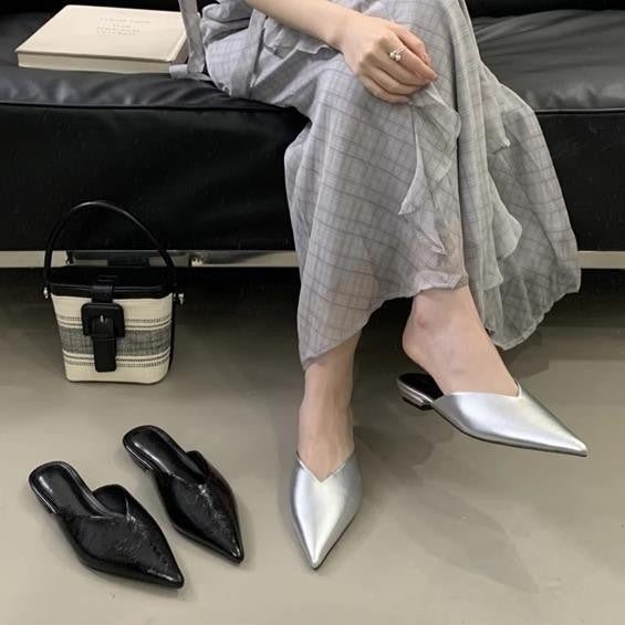 Womens Pointed Toe Flat Mule Slippers
