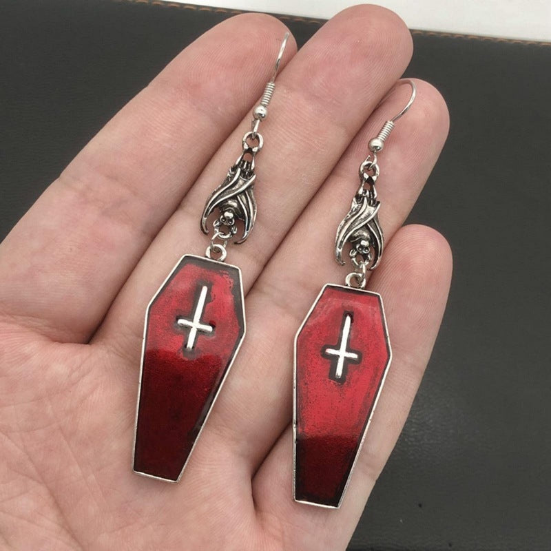 Gothic Bat Cross Red Oil Dropping Earrings