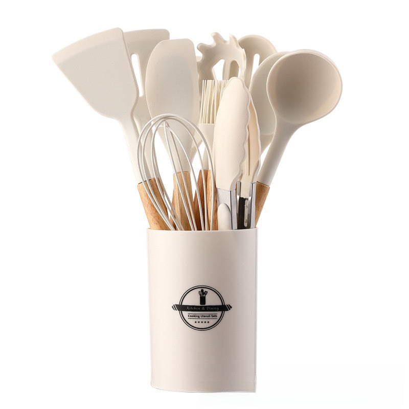 12-Piece Silicone Cooking Utensils Set with Holder - Non-Stick Heat-Resistant Kitchen Tools Kit with Natural Wooden Handles for Cooking & Baking