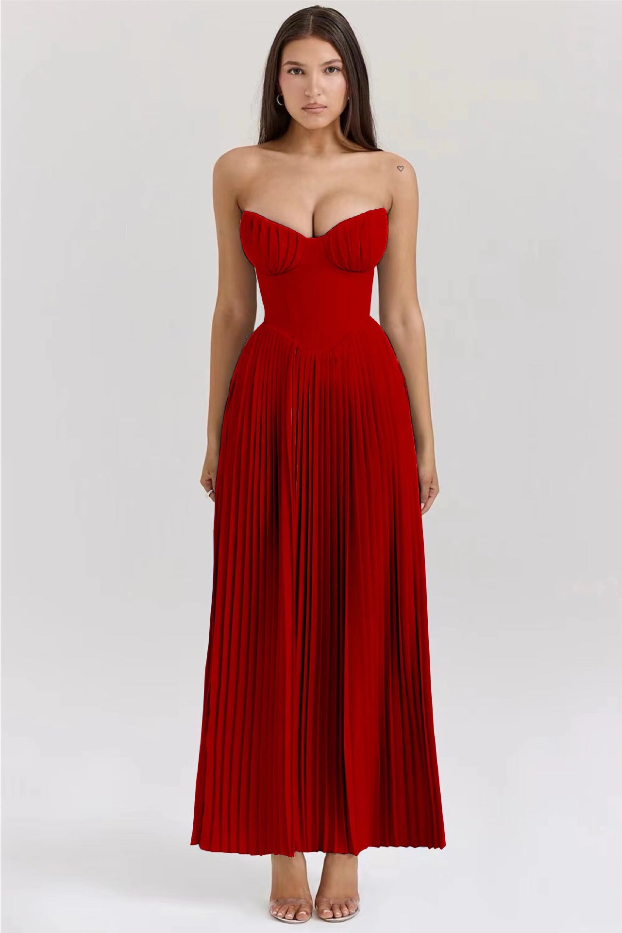 Aura Elegant Sleeveless Tube Top Maxi Dress - High Waist Pleated Summer Dress