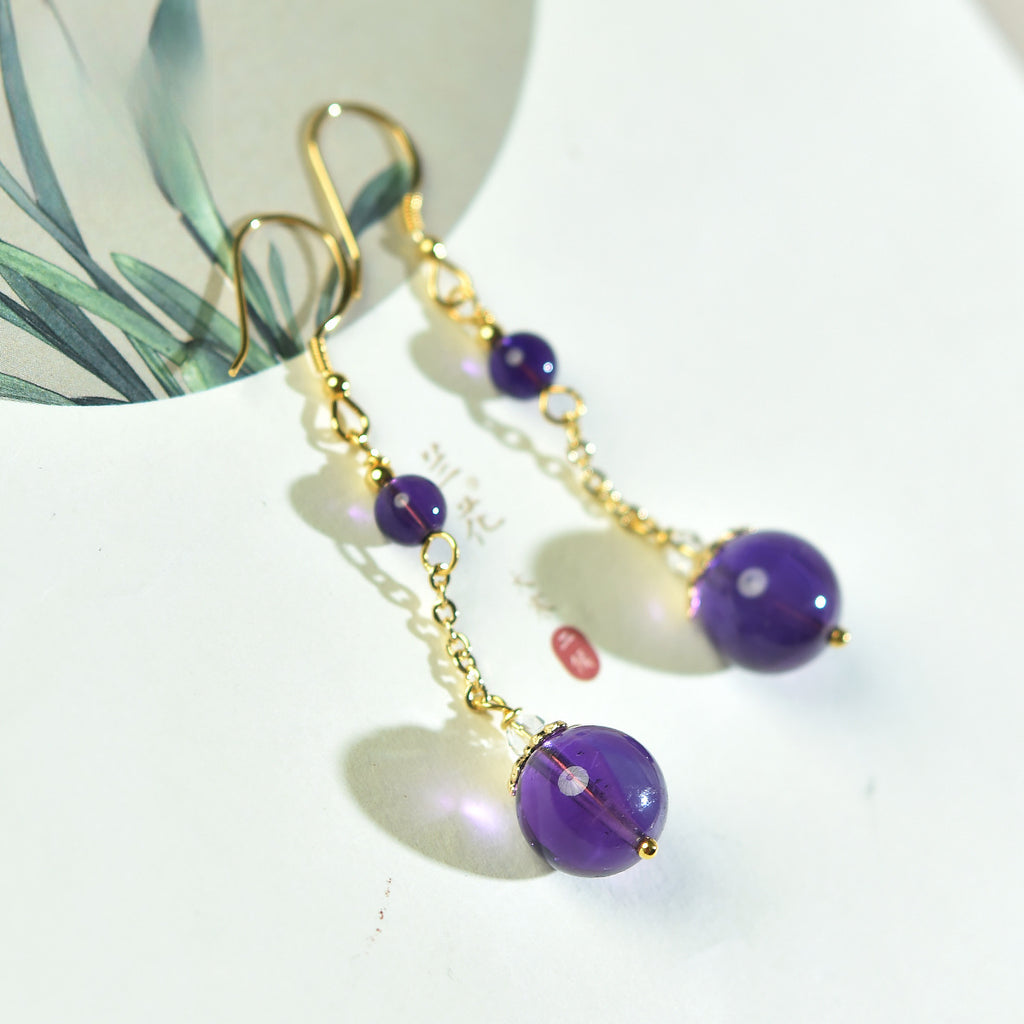 Aura Drop Natural Amethyst Crystal Earrings | 925 Sterling Silver Drop Jewelry
