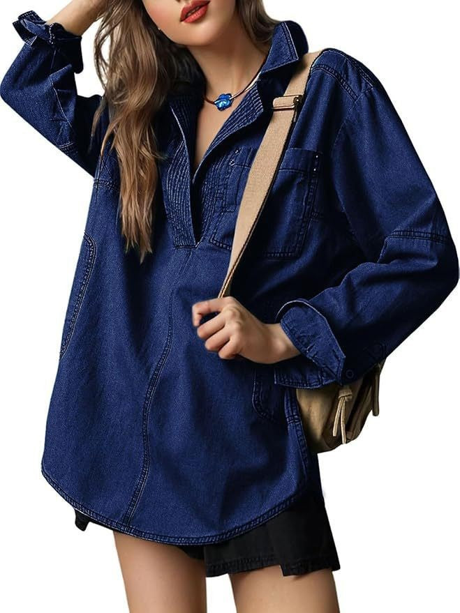 Sutton Oversized Denim Pullover Shacket- Loose Fit V-Neck Jean Shirt