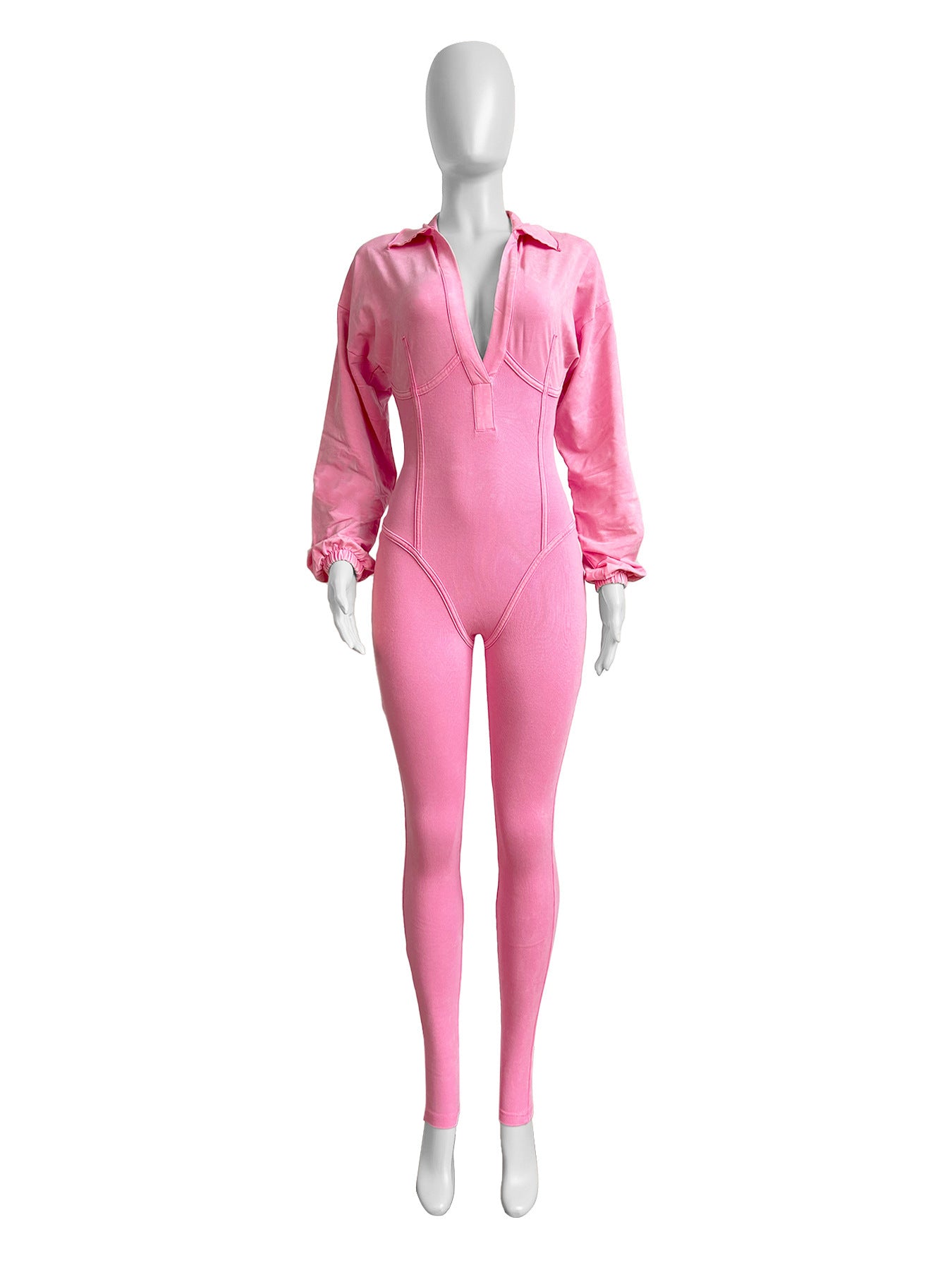Women's Clothing Washed and Distressed Sexy Deep V Tight Long-Sleeved Autumn and Winter Jumpsuit