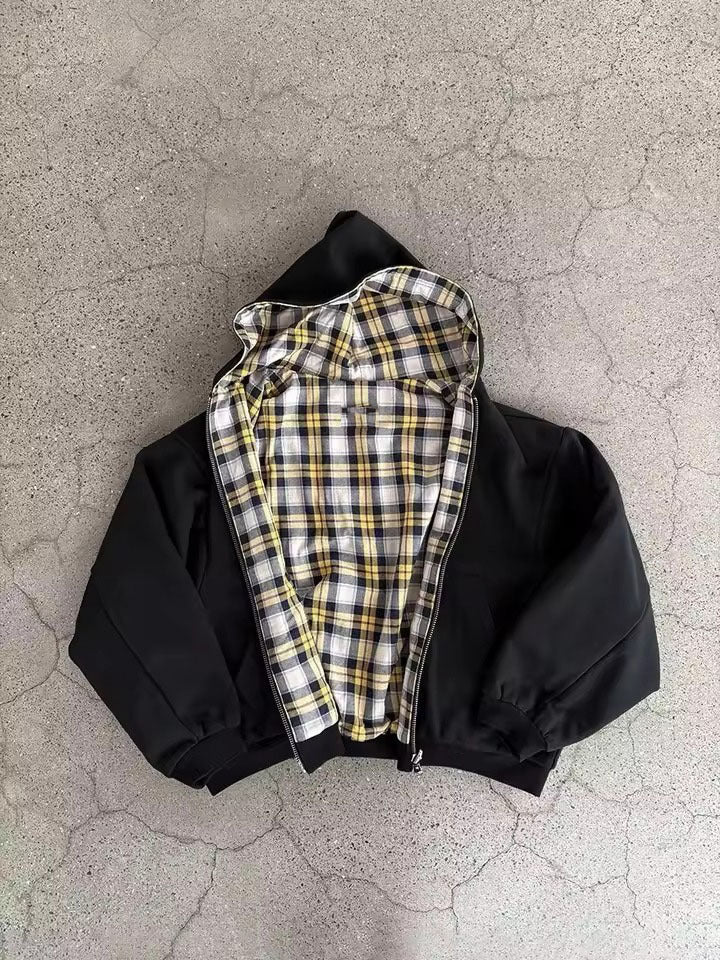 Hooded zip-up plaid patchwork reversible sweatshirt