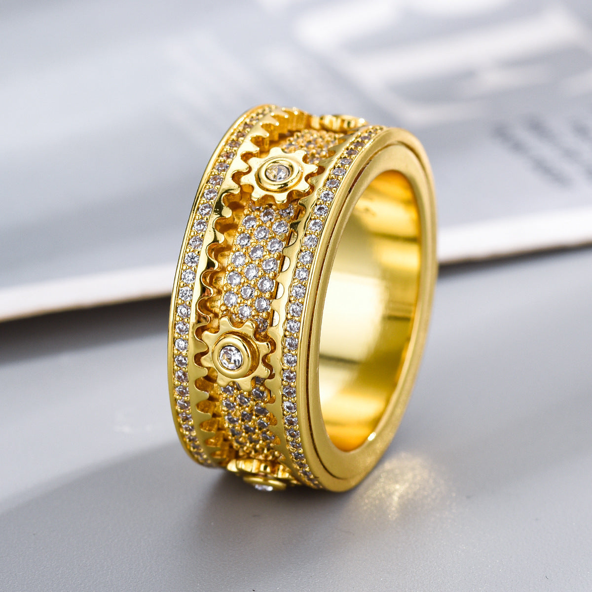Aero Mod Kinetic Rotating Gear Ring | Celestial Micro-Inlaid Spinner Band