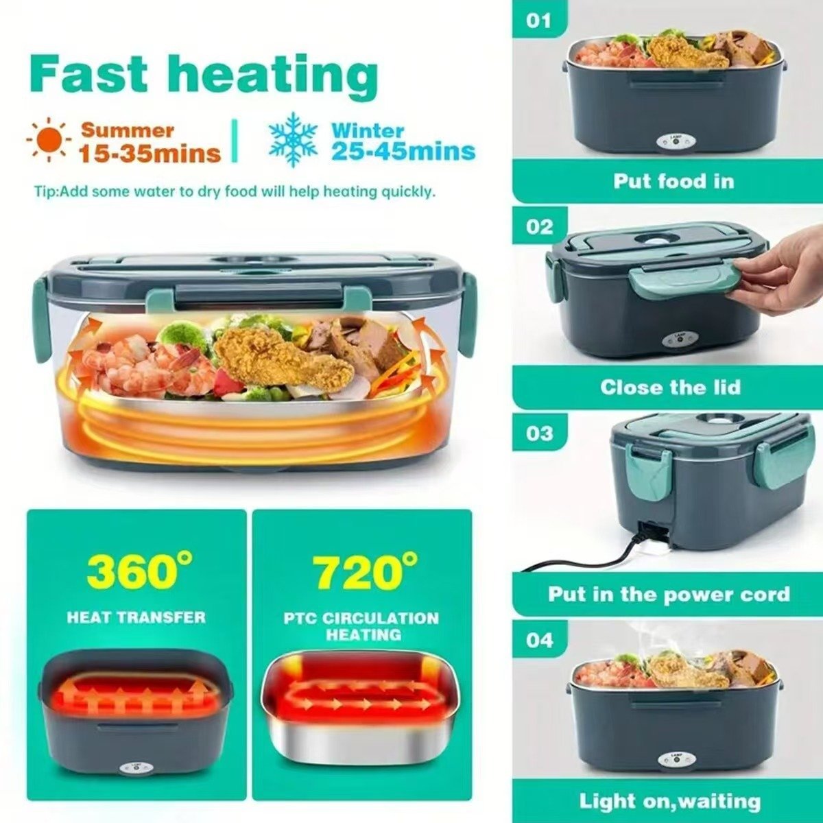 1.5L Portable Electrice Heating Lunch Box| Dual Use 12V/24V/110V/220V Car And Home Food Warmer | Stainless Steel Multi-Functional Cooker