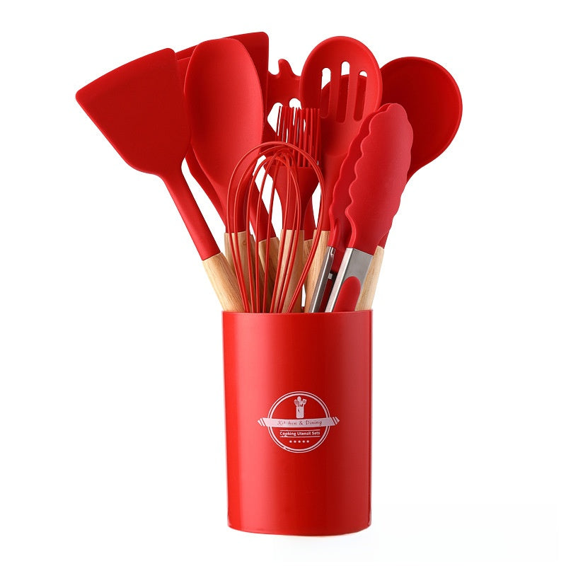 12-Piece Silicone Cooking Utensils Set with Holder - Non-Stick Heat-Resistant Kitchen Tools Kit with Natural Wooden Handles for Cooking & Baking