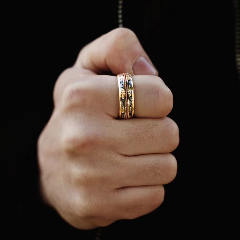 Aero Man Wood Grain & Amber Inlay Ring | Three-Groove Stainless Steel Band