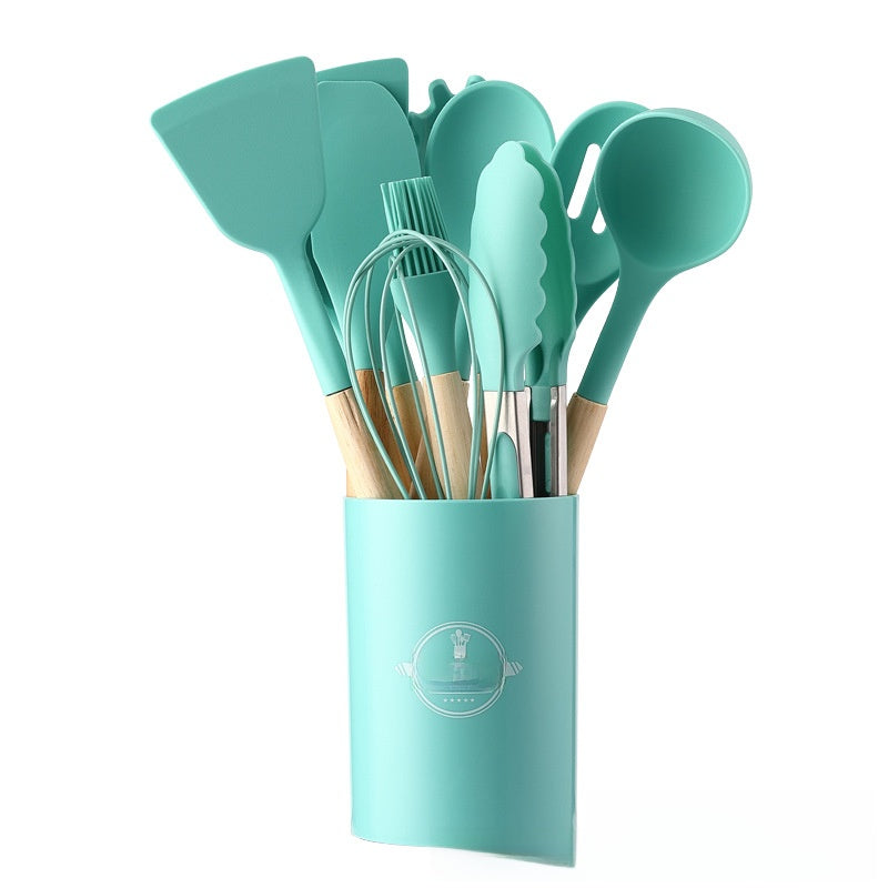 12-Piece Silicone Cooking Utensils Set with Holder - Non-Stick Heat-Resistant Kitchen Tools Kit with Natural Wooden Handles for Cooking & Baking