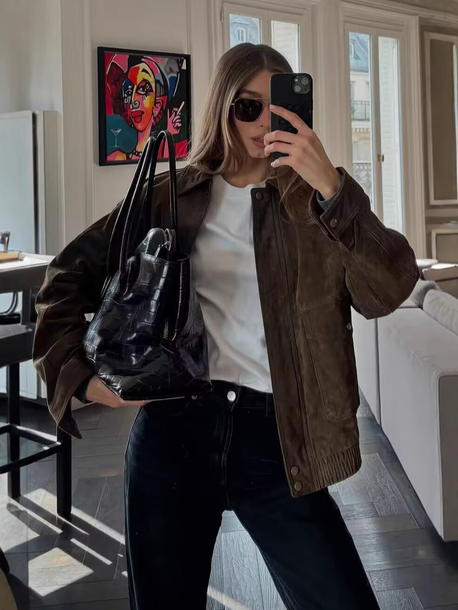 Women's Suede Texture Zip-Up Jacket