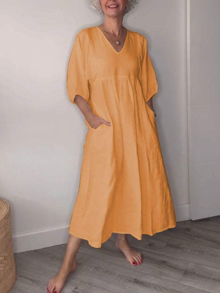 Women's Cotton Linen V-Neck Pleated Pocket Dress