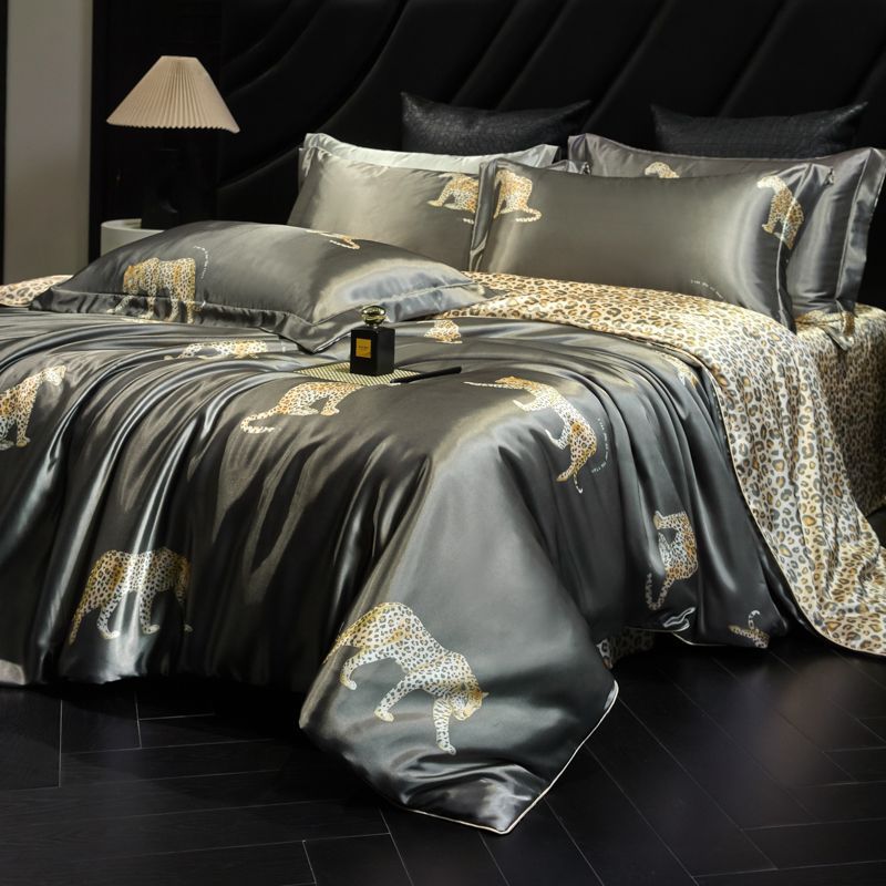 Heavy Weightweight 40mm Printed Silk Four-Piece Set Double-Sided Mulberry Silk Ice Silk Quilt Cover Naked Sleeping Fitted Bed Sheets Bedding