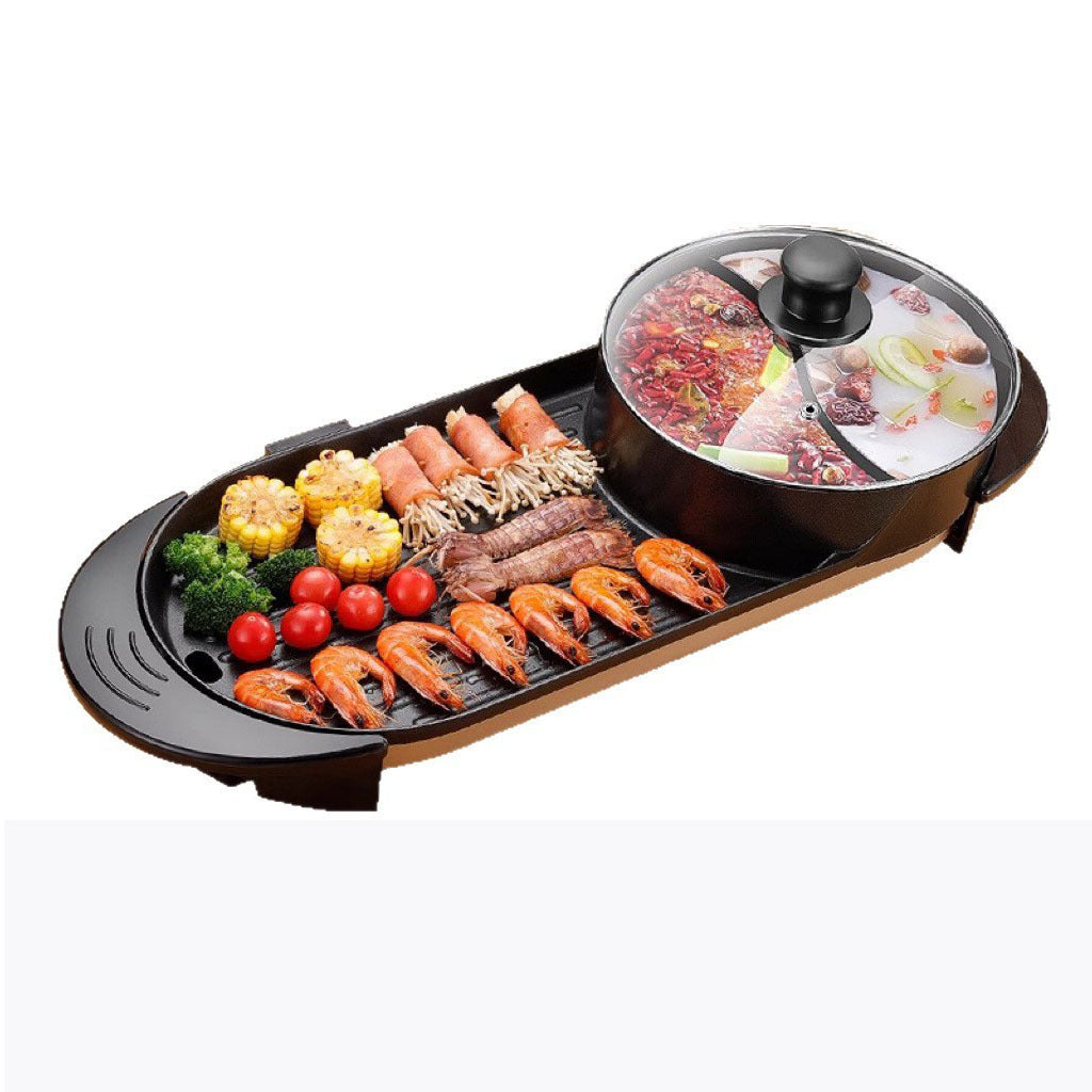 2-in-1 Electric Hot Pot And Grill Combo | 1350W Smokeless Indoor BBQ Shabu Shabu Pot | Dual Control Multi-Functional Cooker For 5-6 People