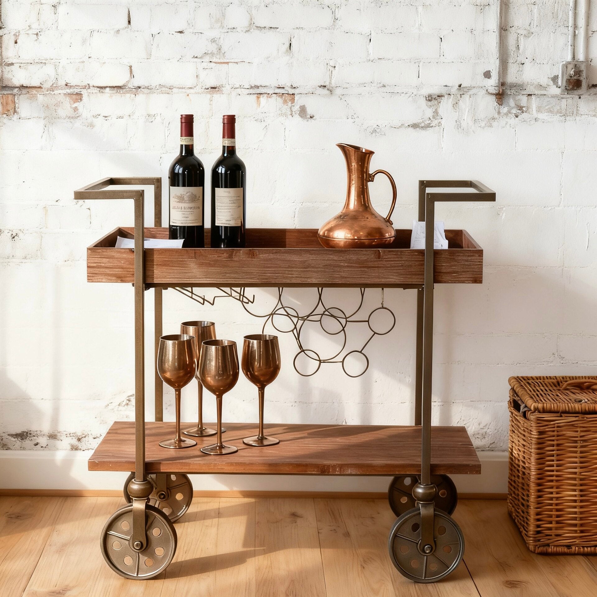 Retro Wood and Iron Storage Cart with Wheels
