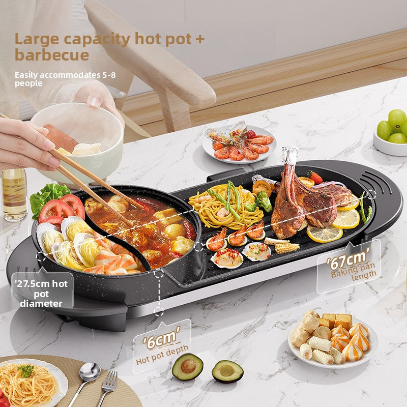 2-in-1 Electric Hot Pot And Grill Combo | 1350W Smokeless Indoor BBQ Shabu Shabu Pot | Dual Control Multi-Functional Cooker For 5-6 People