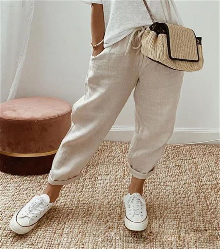 Womens Linen Blend Elastic Waist Casual Pants