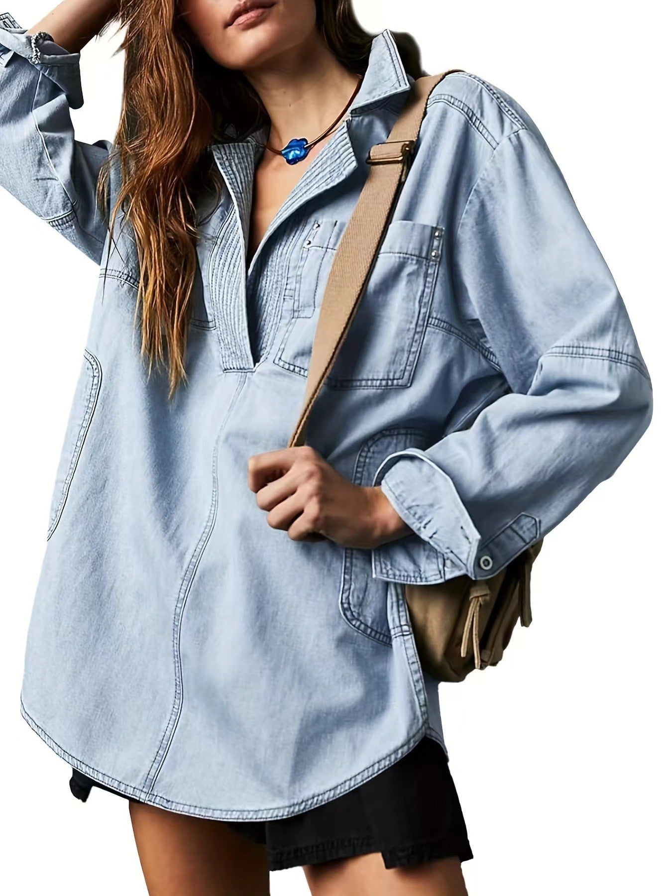 Sutton Oversized Denim Pullover Shacket- Loose Fit V-Neck Jean Shirt