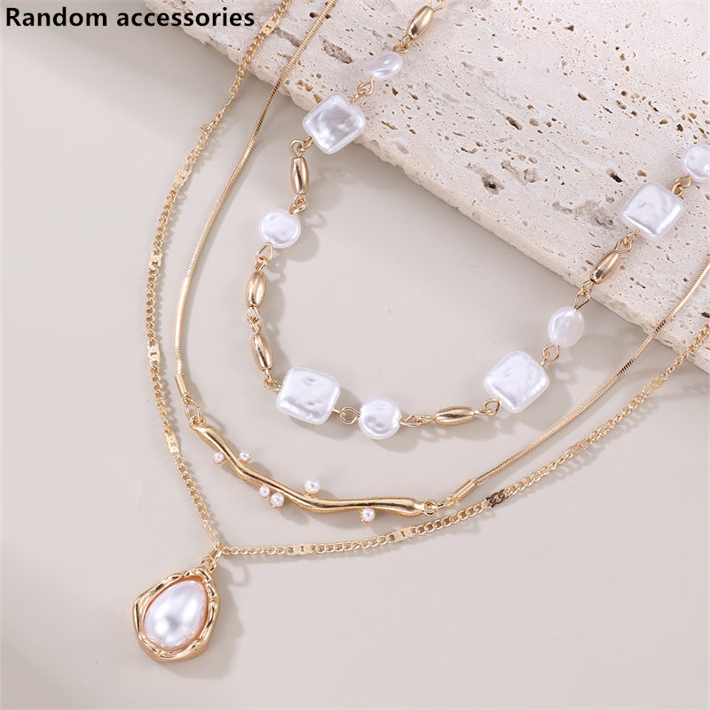 Geometric Pearl Layered Chain Necklace