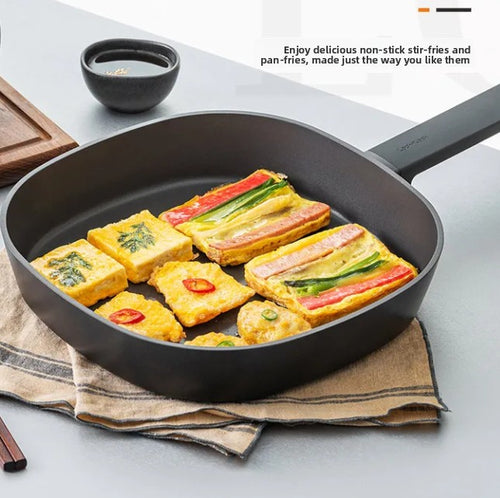 26cm Deep Square Cast Iron Skillet | 7cm Deep Uncoated Dual-Purpose Cooking Pot | Heavy-Duty Non-Stick Induction Frying Pan