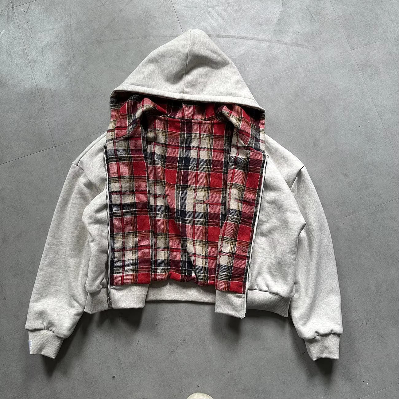 Hooded zip-up plaid patchwork reversible sweatshirt