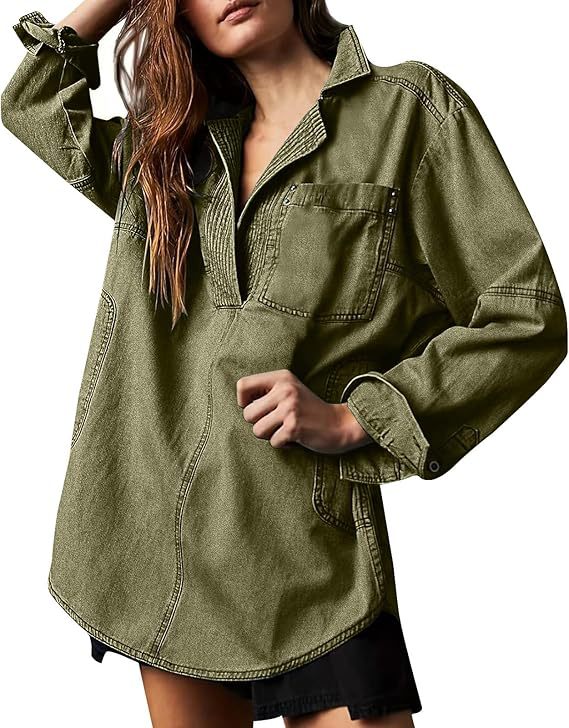 Sutton Oversized Denim Pullover Shacket- Loose Fit V-Neck Jean Shirt