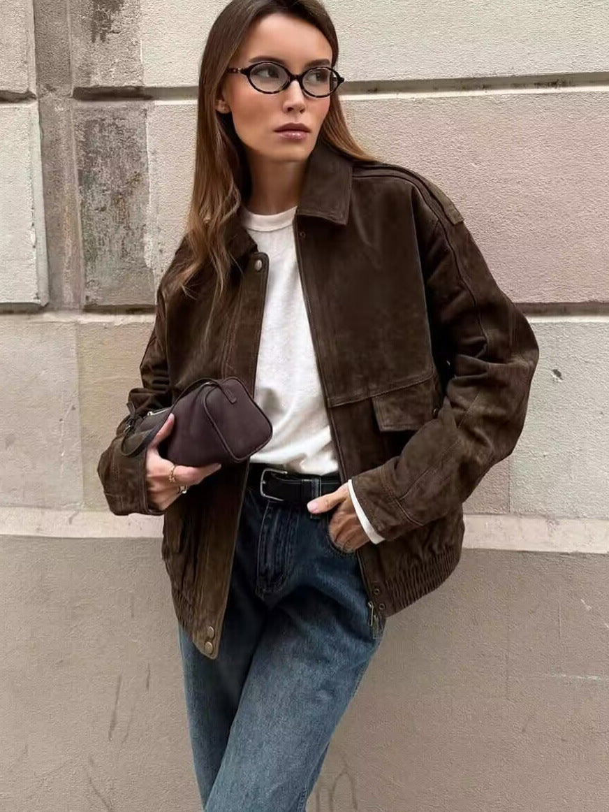 Women's Suede Texture Zip-Up Jacket
